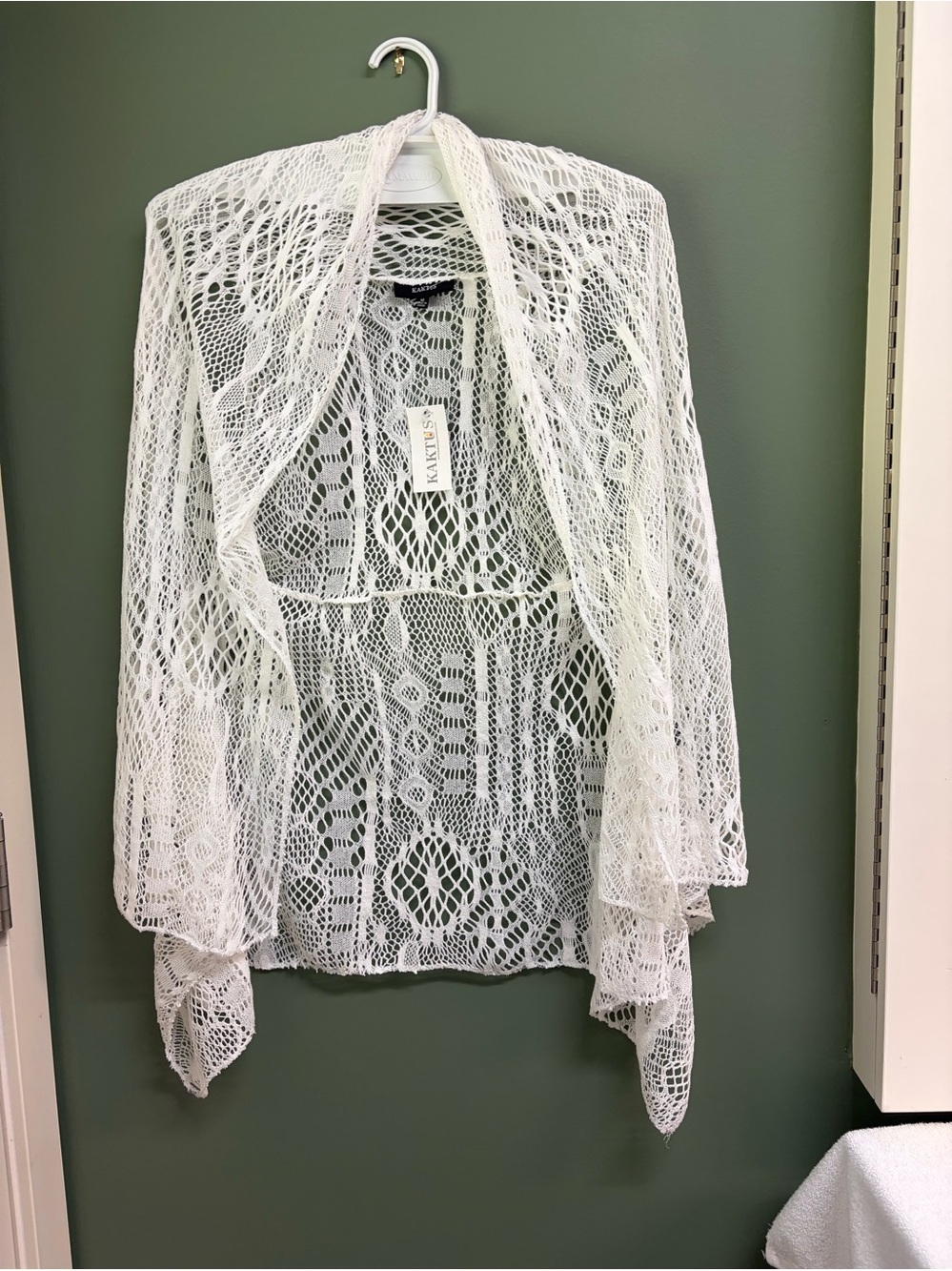 Kaktus White Crochet Open-Front Shawl collar sleeveless coverup